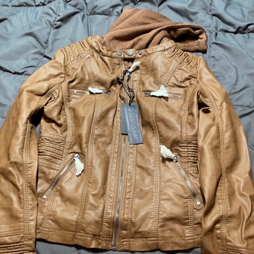 Made By Johnny Women Faux Leather Jacket w/ Hoodie